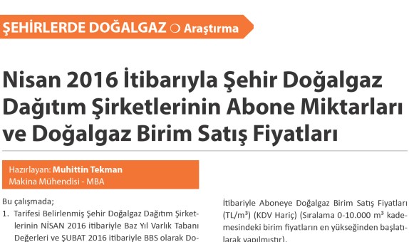 Şehir Doğalgaz Dağıtım Şirketlerinin Abone Miktarları ve Doğalgaz Birim Satış Fiyatları (2016 Nisan verileriyle) Şehir Doğalgaz Dağıtım Şirketlerinin Abone Miktarları ve Doğalgaz Birim Satış Fiyatları (2016 Nisan verileriyle)