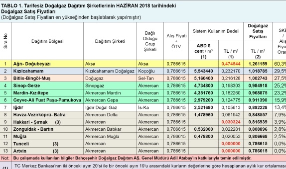 Şehir Doğalgaz Dağıtım Şirketlerinin Haziran 2018 İtibariyle Uyguladıkları Doğalgaz Fiyatları